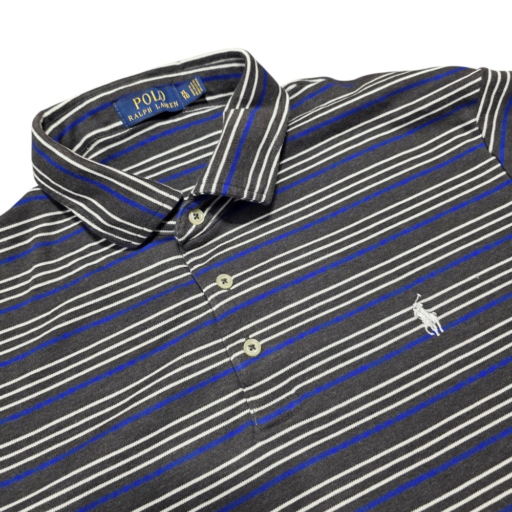 Polo Ralph Lauren Striped Polo Shirt Gray White Blue Mens XL Short Sleeve
